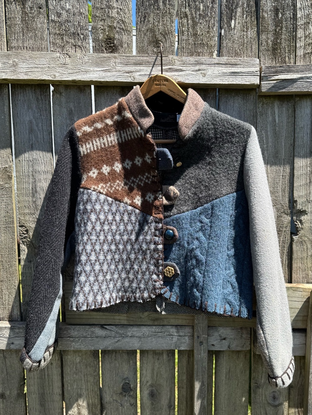 Baabaazuzu mandarin jacket Patchwork Wool Cozy Jacket in Brown, Blue, Gray S